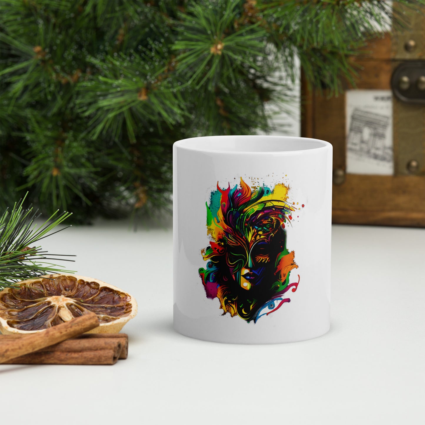 Akongo Abstract Mardi Gras White glossy mug