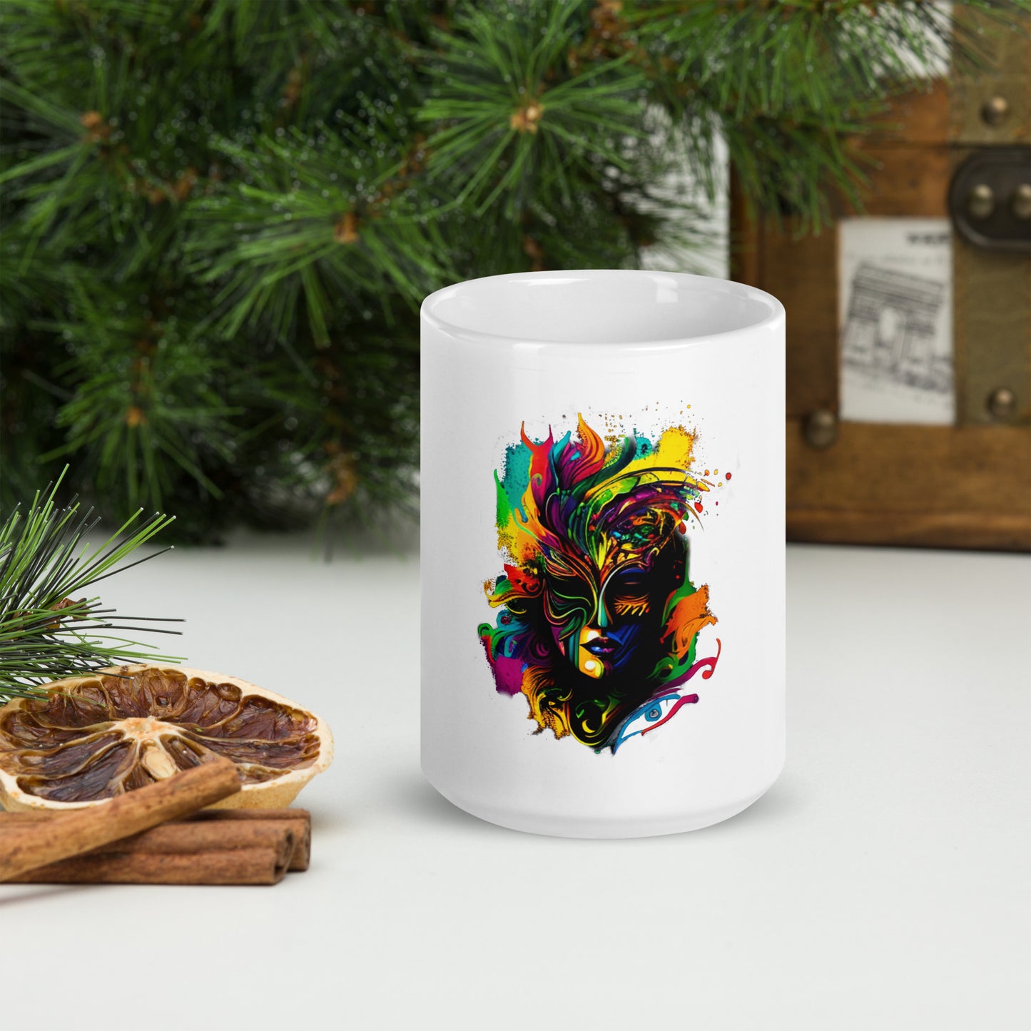 Akongo Abstract Mardi Gras White glossy mug